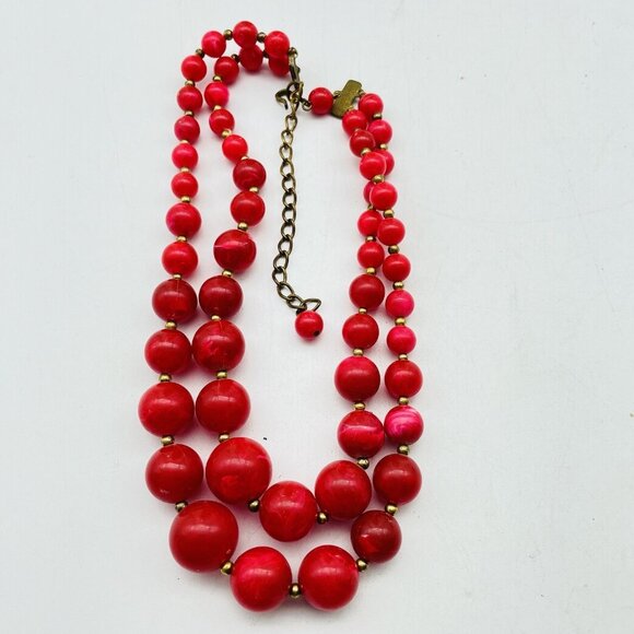 Vintage Red Beaded Necklace Double Strand Graduated Beads Adjustable Retro - Picture 2 of 7